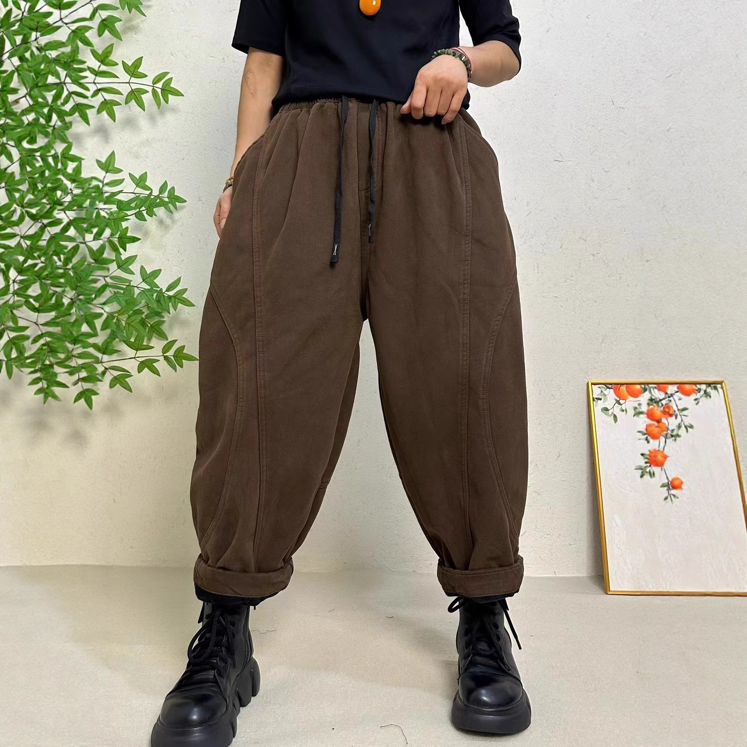 2025冬季新款复古宽松大码加绒哈伦裤女松紧腰抽绳保暖显瘦休闲裤