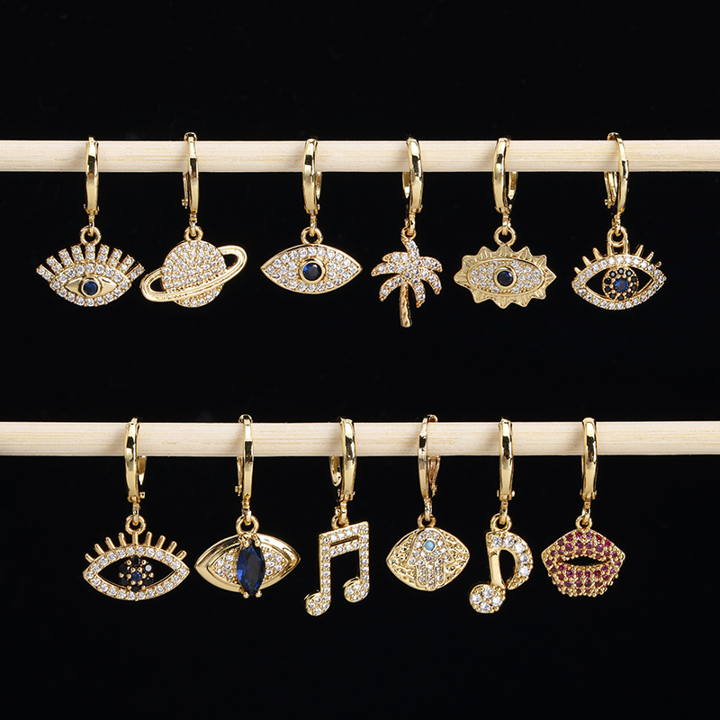 Fashion Devilu0027S Eye Coconut Tree Notes Copper Plating Inlay Zircon Drop Earrings 1 Piece