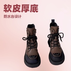软皮厚底马丁靴女秋冬季新款百搭英伦风系带时尚复古软底短靴子女