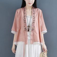 斜襟三盘扣中袖假两件女上衣2024夏季新款中国风复古茶服棉麻开衫