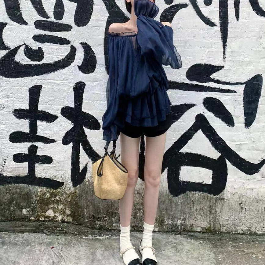 꽃잎 레벨 드로우 스트링 쉬폰 셔츠 여자 여름 오프 숄더 메쉬 탑 티베트어 블루 루즈 슬리밍 중간 길이