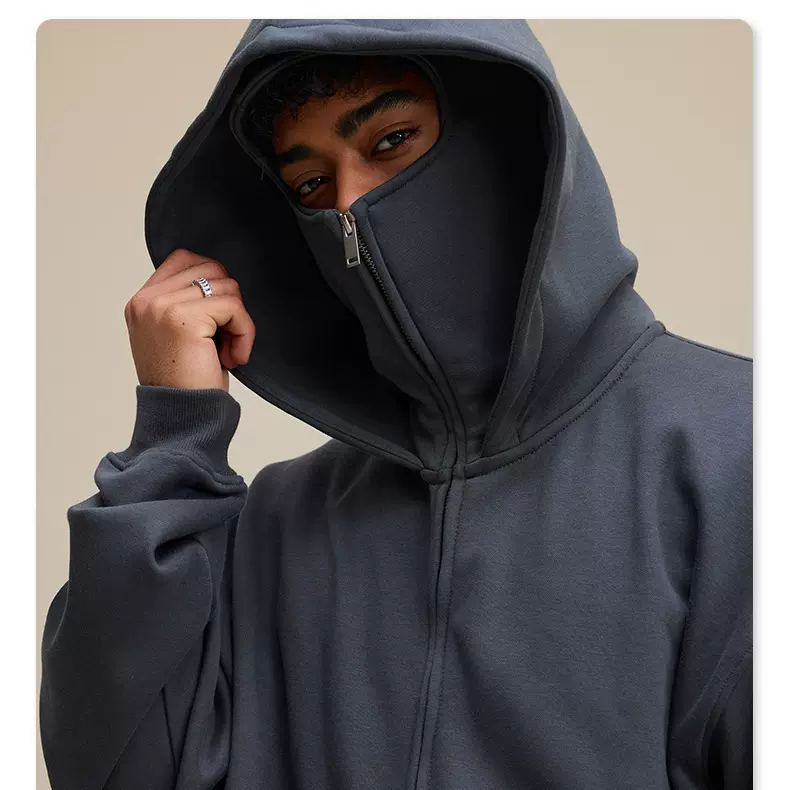 2025秋冬抓绒廓形双层连帽卫衣高街运动防风面罩拉链外套跨境外贸