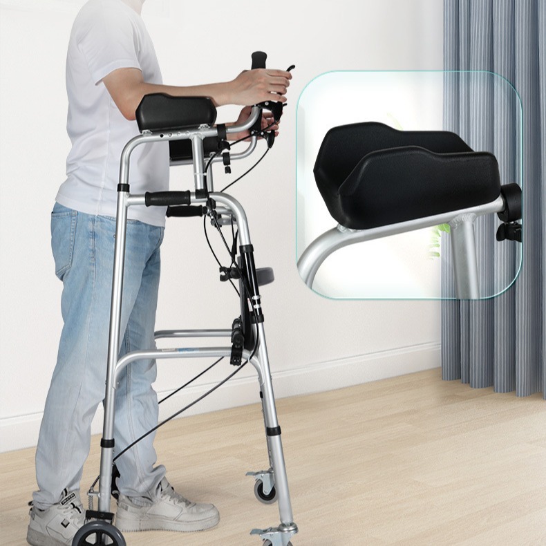 andador con rueda y asiento, aleación de aluminio para discapacitados, muletas de cuatro patas, andador auxiliar de rehabilitación con brazo, andador de arrastramiento