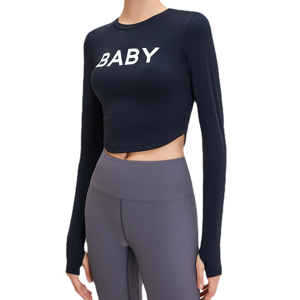 Europa y América nueva SLIM-Fit ropa de yoga ropa exterior de mujer letra impresa ropa de fitness desnudo de manga larga deportes top