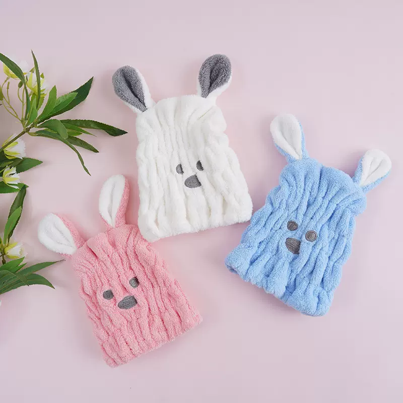 珊瑚绒兔耳朵儿童干发帽吸水速干帽擦头发包头巾批发加厚柔软舒适