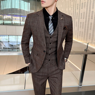 Cross-Border Supply Plaid Men's Suit Spring New Korean Style Business Professional Slim Suit Three-Piece Suit for Men