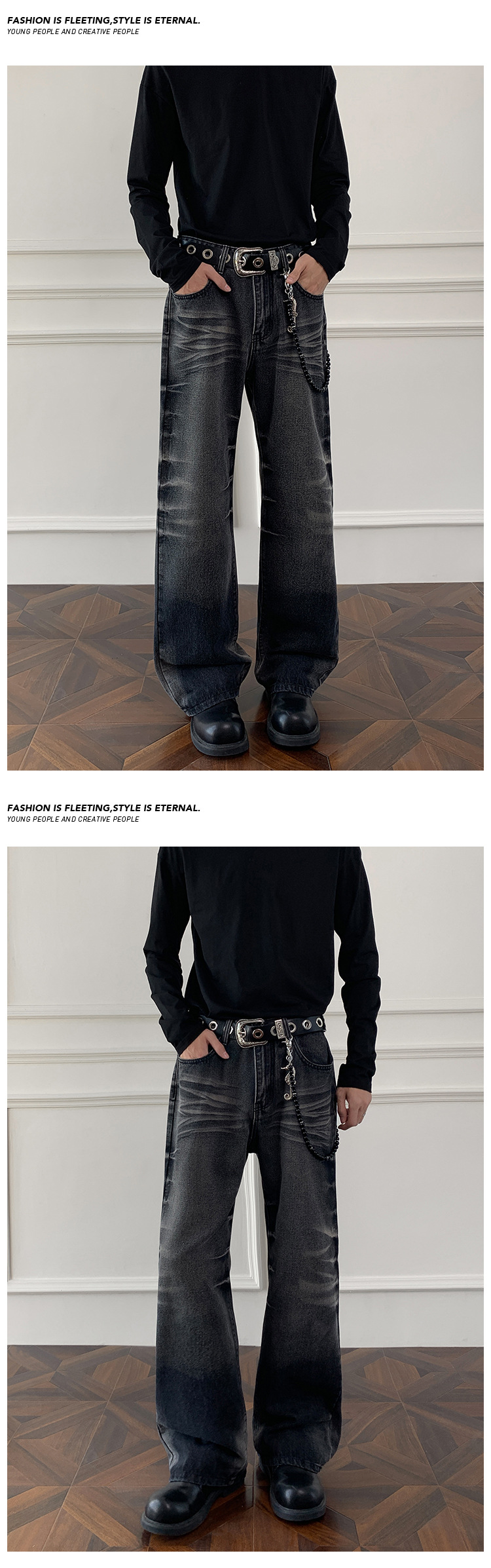 ​​Cleanfit Cat Whisker Fade Jeans For Men - Retro Straight-Leg Denim Pants With Gradient Wash (Blue/Black, M-5XL)​​_voghion.com