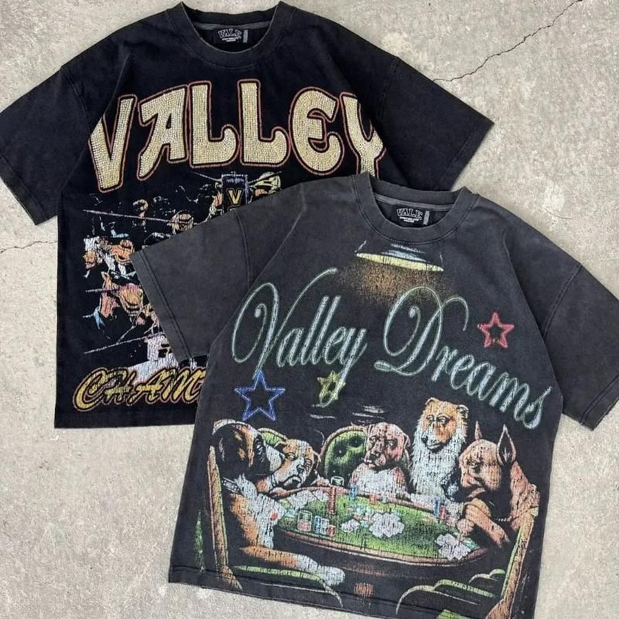 Verano estilo americano retro impresión oscura lavado con agua hace viejos bloques sueltos oversize hip hop skate camiseta de manga corta