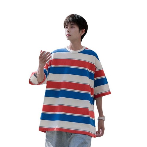 180G Heavyweight Striped T-Shirt for Men | Summer Trendy Brand, Japanese Preppy Style, Loose-Fit Half-Sleeve Tee for Guys