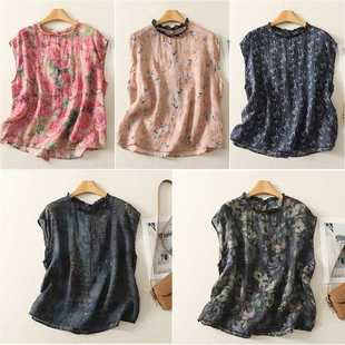 2025 Summer Retro Fresh Floral Round Neck Pullover Loose Slimming Versatile Tencel Cotton Top for Women