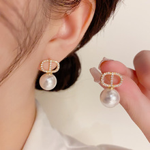 韩式轻奢小众设计感微镶CD珍珠耳钉s925银针复古时尚个性百搭耳环