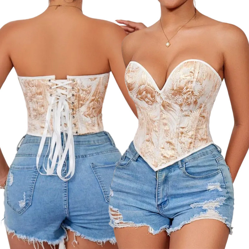Cross-Border Amazon Popular Corset Women's Black Gold Printed Strapless Tube Top Sexy Corset Shapewear