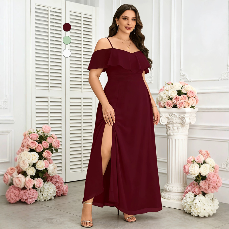 Plus Size Women's V-Neck Ruffle Sleeve Slit Long Dress Solid Color Formal Dress S8008