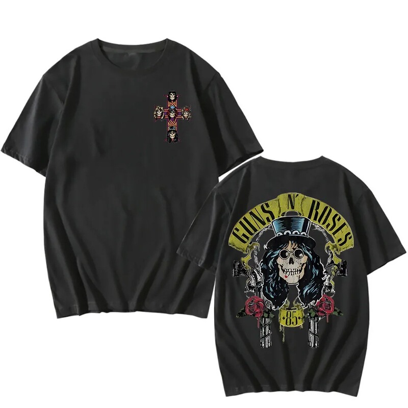 Cross-Border European Size Guns and Roses Cartoon Print T-Shirt Harajuku Trashy T-Shirt Heavy Metal Music Cotton T-Shirt