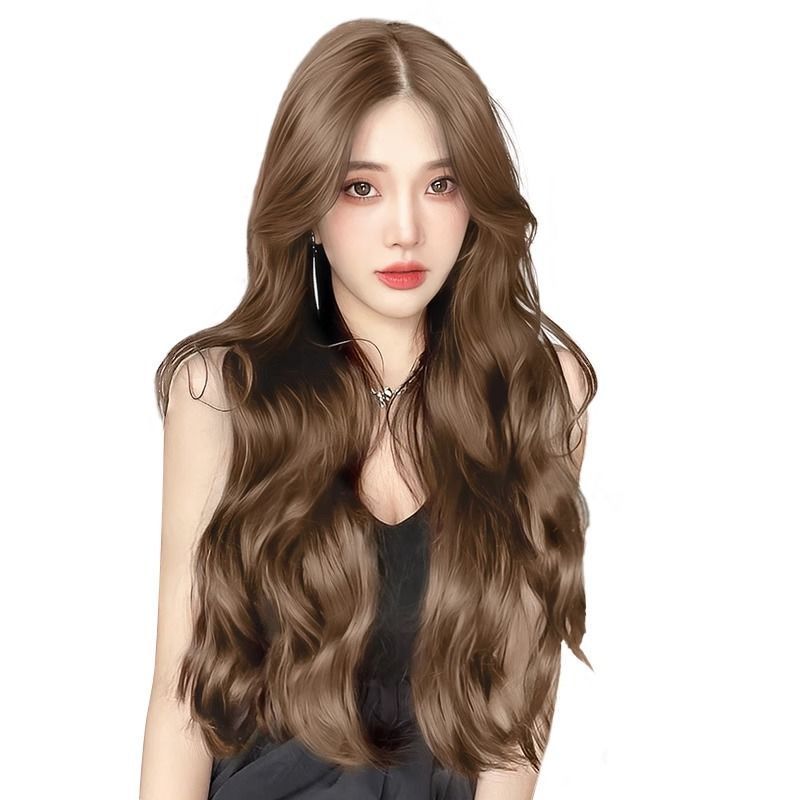 Peruca longa de cabelo ondulado com onda de água natural e parte intermediária - marrom chá fofo e quente, estilo boné de cabeça inteira