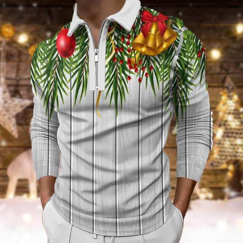 男士Polo衫圣诞印花图案翻领3D印花街头长袖拉链高尔夫衫