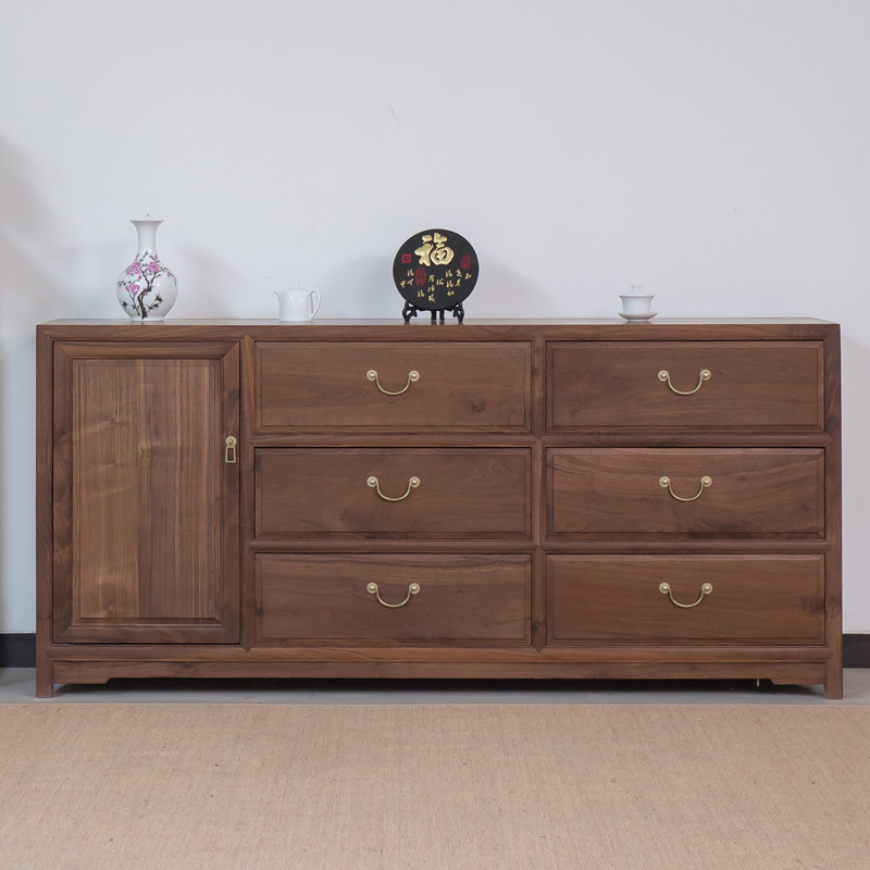 新中式斗柜实木中式六斗柜老榆木抽屉柜子黑胡桃木客厅边柜储物柜