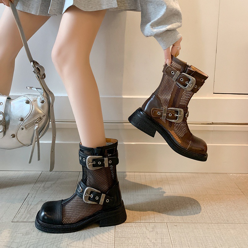 Boot nữ cổ thấp dây buộc phối khóa, đế dày platform lưới thoáng khí — màu nâu, màu đen