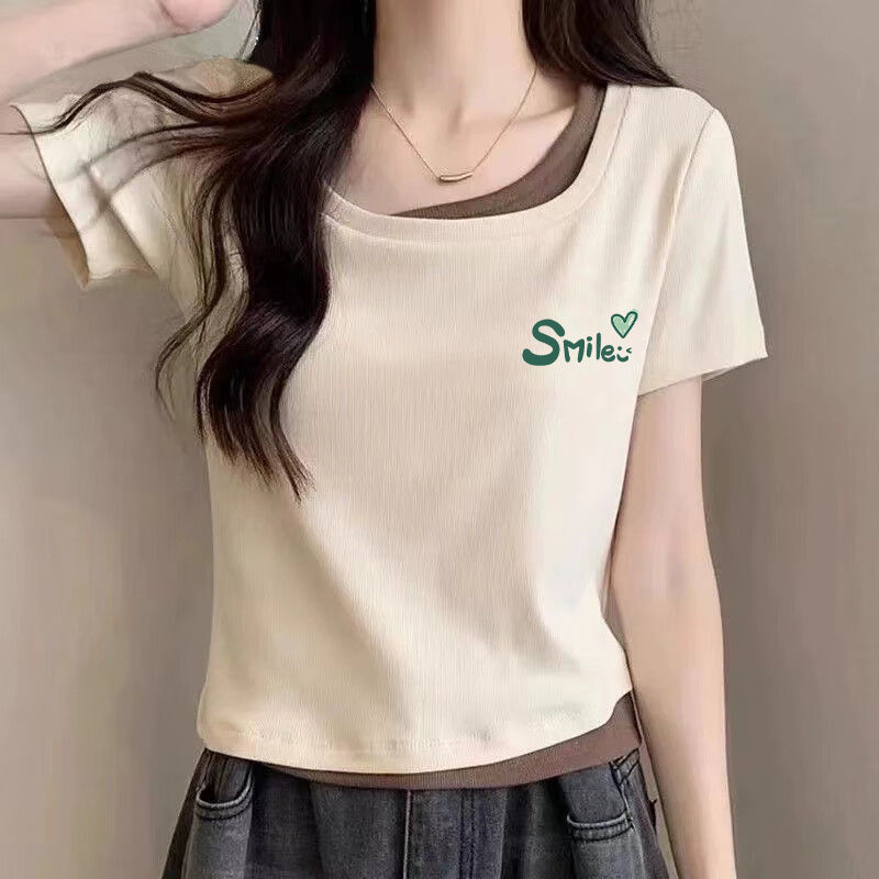 Fake Two-Piece Pure Cotton Short-Sleeved T-Shirt for Women 2025 Summer New Korean Style Square Collar Right Shoulder Printed Asymmetrical T-Shirt for Women