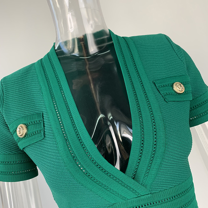 Spring Knitted Short Sleeved V neck Dress Sheath Army Green Black Texture