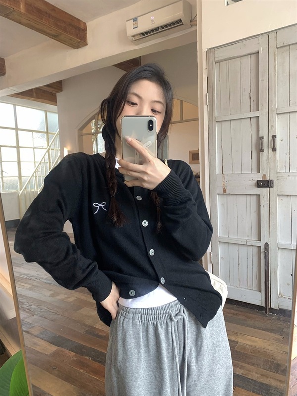甜美温柔风刺绣蝴蝶结圆领开衫上衣春秋宽松百搭小个子简约外套女|undefined
