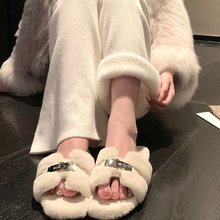 冬日毛绒绒~仿真兔毛一字交叉金属皮带扣拖鞋百搭加厚毛毛拖鞋女