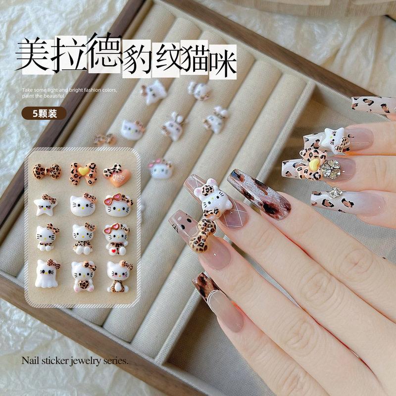 5 Maillard Leopard Kt Cat Nail Jewelry Cartoon Cat Bow Love Wear Nail Pieces Nail Drill