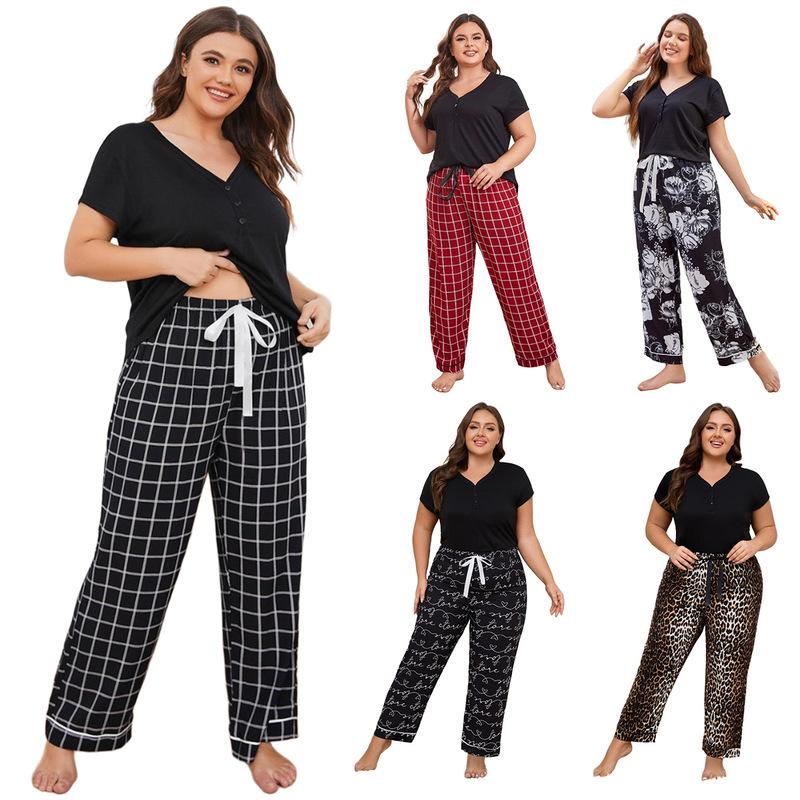 Amazon foreign trade large size pajamas women's spring and summer fat mm short sleeve trousers large size home clothing cross-border Europe and the United States independent station