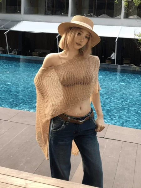 2026 Summer New Style European and American Hot Girl Hollow-Out One-Piece Asymmetrical Shoulder Knit Shawl Top with Multiple Wearing Styles for Women, Vacation Style
