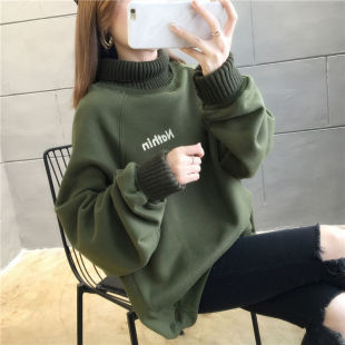 Fleece-lined thickened sweater women's winter 2020 new Korean style turtleneck loose ins super popular fake two-piece Top Coat fashion