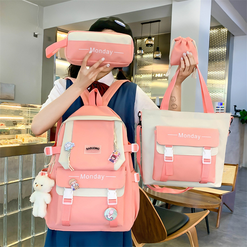Cross-border Backpack Female Primary School Student Schoolbag Female Four-piece Set Korean-style Ins Canvas Bag Junior High School Student Large Capacity Backpack Cross-border Backpack Female Primary School Student Schoolbag Female Four-piece Set Korean-style Ins Canvas Bag Junior High School Student Large Capacity Backpack