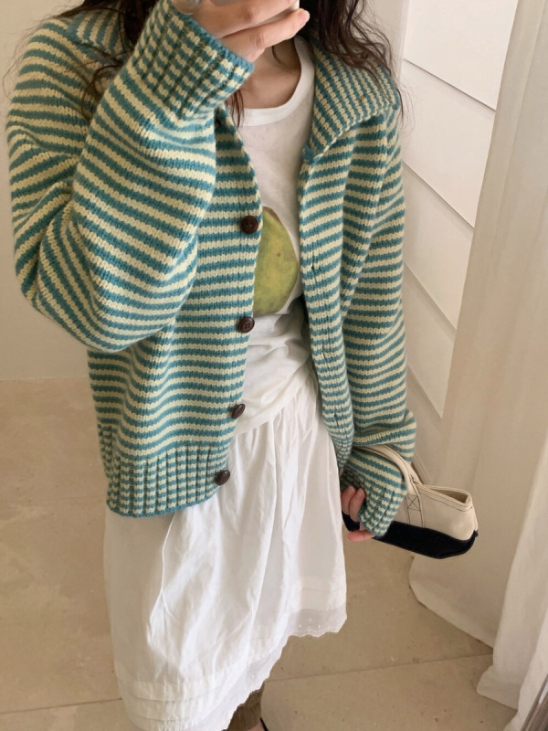 木四 韩版立领开衫毛衣女秋冬女装宽松撞色条纹针织外套上衣M6670|undefined