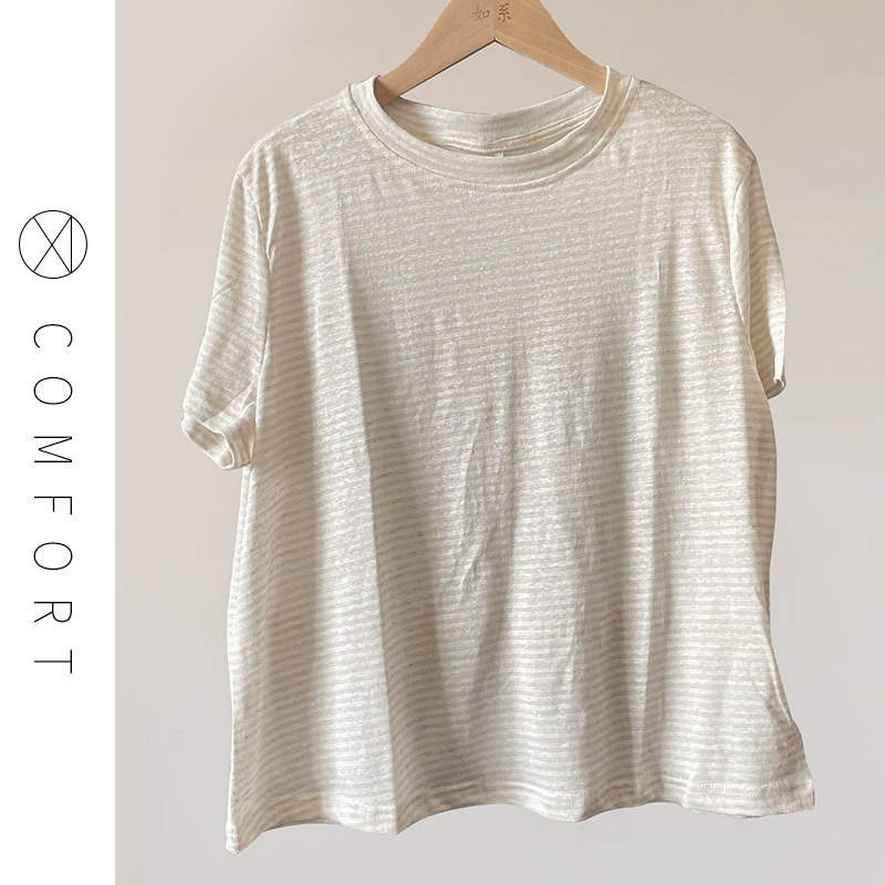 Knitted Hemp Summer Soft, Smooth and Not Easy to Wrinkle Straight Version Round Neck Right Shoulder Pure Color Short-Sleeved T-Shirt for Women