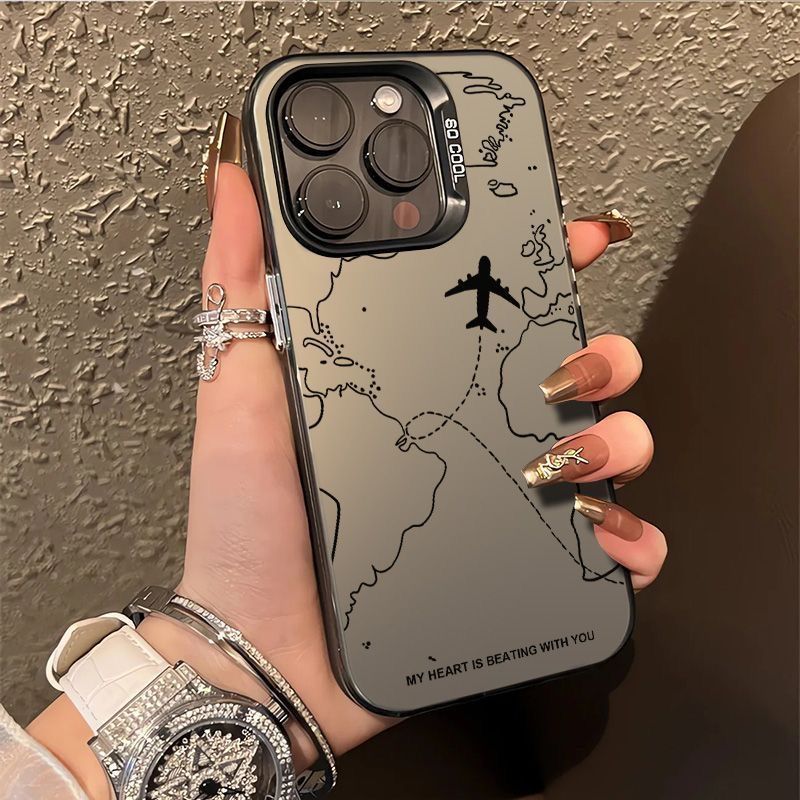 Airplane Map Suitable for Apple 16/15/14 Mobile Phone Case New Trendy Color Silver Case Apple 13/12/11 Anti-Fall