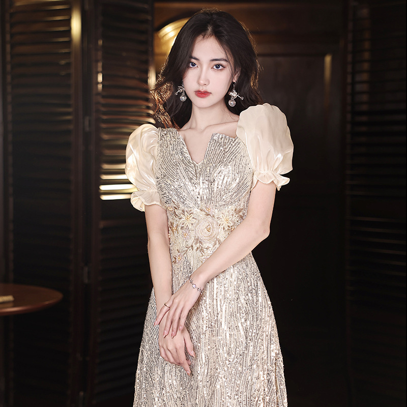 Vestido de noche de lentejuelas para mujer, vestido largo estilo francés para anfitriona, banquete, fiesta, ropa de noche, reunión anual de la empresa.