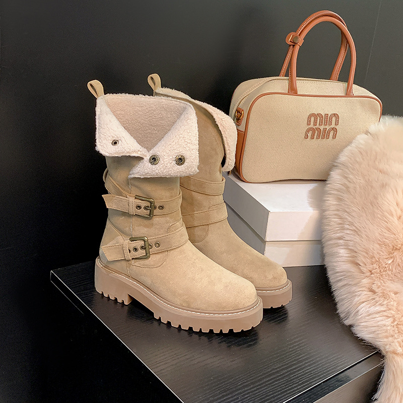 Otoño y invierno nuevo cordero doblado dos tacones gruesos locomotora botas cortas británicas botas delgadas de tamaño medio Martin mujeres