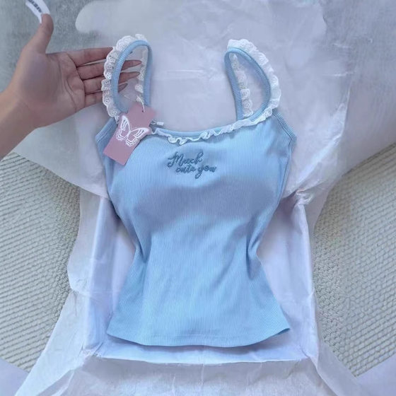 Dopamine Beautiful Blue Lace Sweet Girl Gentle Vest with Chest Pad Women's Inner Wear Outer Wear Beautiful Back Top