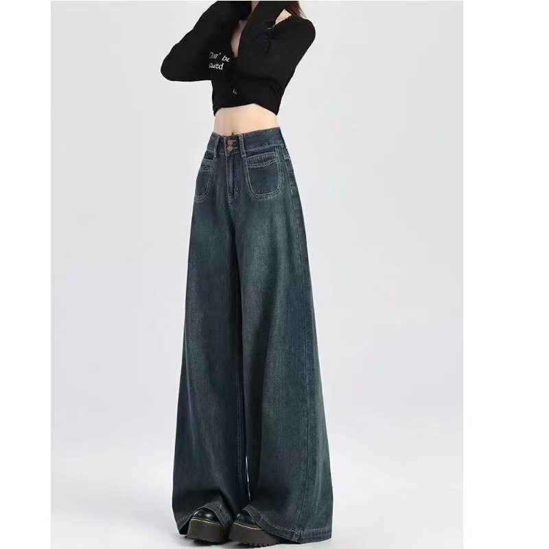 American Retro dark blue Wide Leg Jeans Women's Spring and Summer 2025 New High Waist Loose Slimming Straight Pants