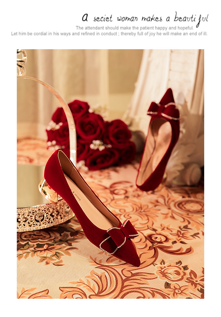 3333H-058 Low Heel Pointed Toe Suede Bow Festive Wedding Party Shoes Comfortable Red High Heels_voghion.com