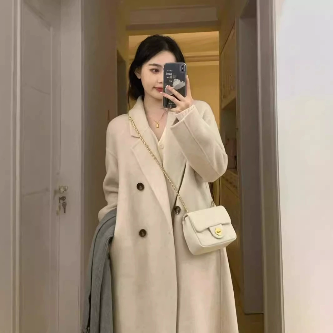 Пальто шерстяное демисезонное длинное, приталенное, корейского покроя, средней длины, для подростков