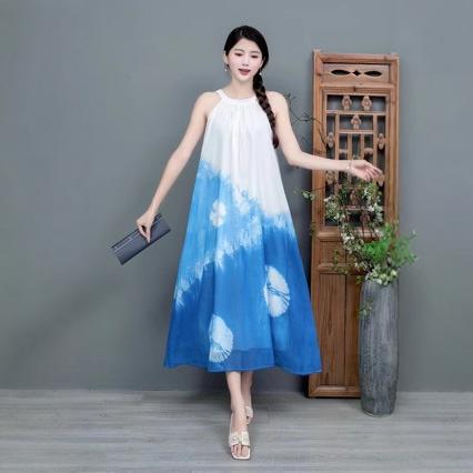 Halter Neck Spaghetti Strap Dress, Long Dress, Extended A-Line Dress, Printed Blue Sleeveless Chiffon Dress for Summer