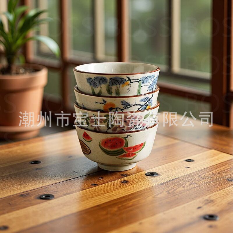 Retro Underglaze Color Craft Ceramic Antique Bowl National Trend New Chinese Style Home Eating Salad Ice Powder Resistant to High Temperature