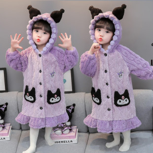 Girls' Nightgown Pajamas 2024 New Autumn Baby Little Girl Coral Fleece Kouromi Children's Bathrobe Nightgown