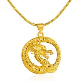 Temu热卖合金电镀金实心圆台龙沙金项链久不掉色仿黄金吊坠盘龙