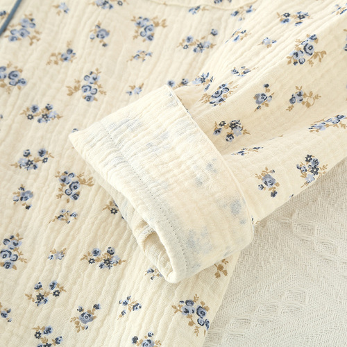 New summer thin pure cotton double-layer gauze lapel women's pajamas spring and autumn floral long-sleeved home wear set