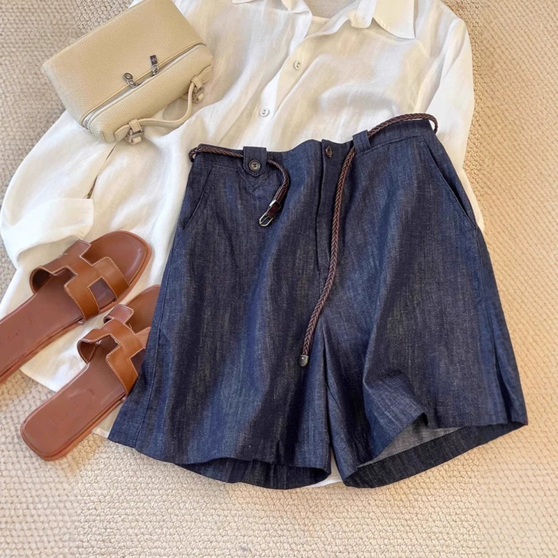 Magic Pants, a Feeling That Will Make You Addicted!!! Deep Blue Linen Denim Shorts for Women, High-Waisted, Slightly Wide-Leg, Cotton-Linen Shorts Magic Pants, a Feeling That Will Make You Addicted!!! Deep Blue Linen Denim Shorts for Women, High-Waisted, Slightly Wide-Leg, Cotton-Linen Shorts