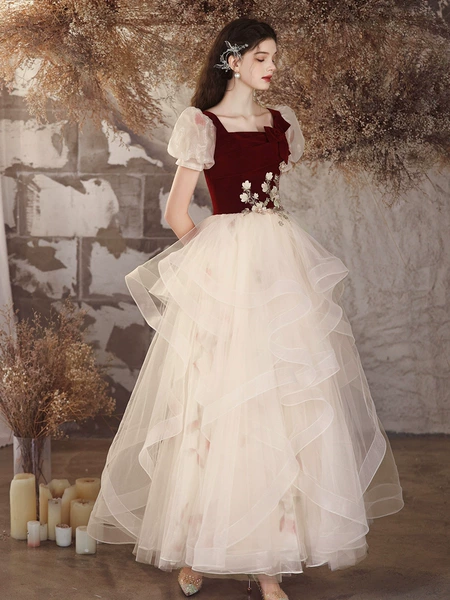 2474 Blushing upper body embroidery+champagne European yarn printed skirt long model short sleeves