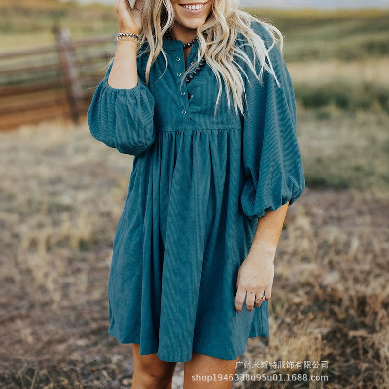European and American Casual Women's Skirt Solid Color Corduroy Snap Pocket Mid-Length Sleeve Dress European and American Casual Women's Skirt Solid Color Corduroy Snap Pocket Mid-Length Sleeve Dress