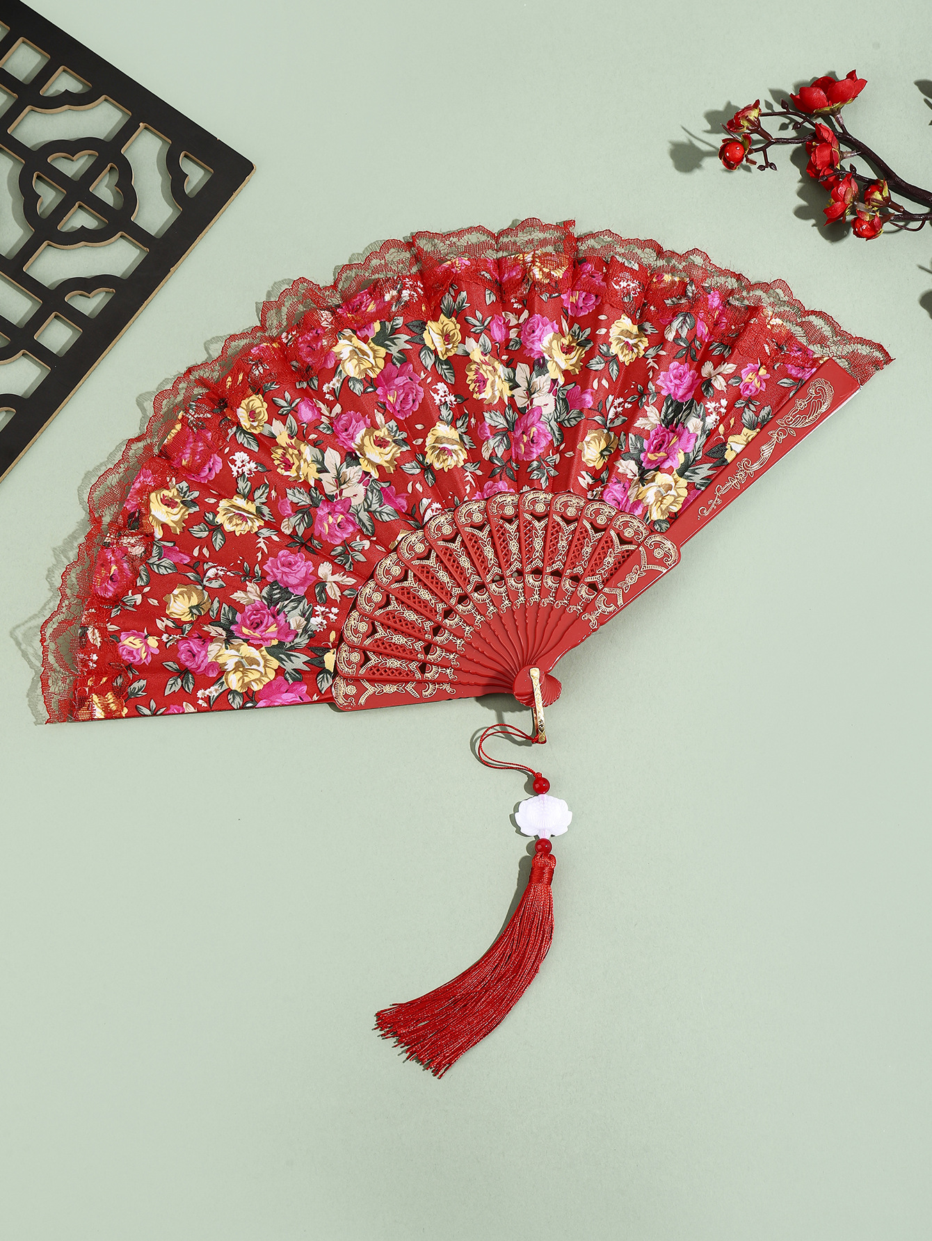 Abanico Plegable de Algodón con Borlas y Encaje para Decoración image 7