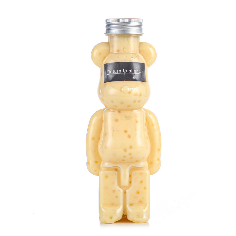 Oso violento botella de plástico transparente de dibujos animados para mascotas jugo de grado alimenticio creativo leche taza de té oso botella de bebida desechable